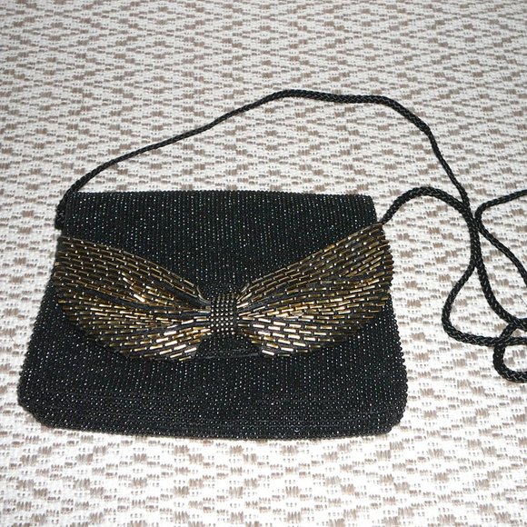 Vintage Black Beaded Evening Bag Gold Bow Holiday - Picture 8 of 9